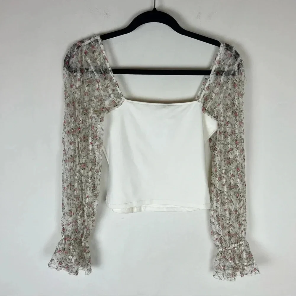 NWT FREE PEOPLE GIMMIE BUTTERFLIES SHEER SLEEVE TOP Size XS